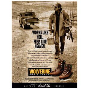 1996 Wolverine Wilderness Boots Vintage Print Ad Man Fishing Rods Wall Art